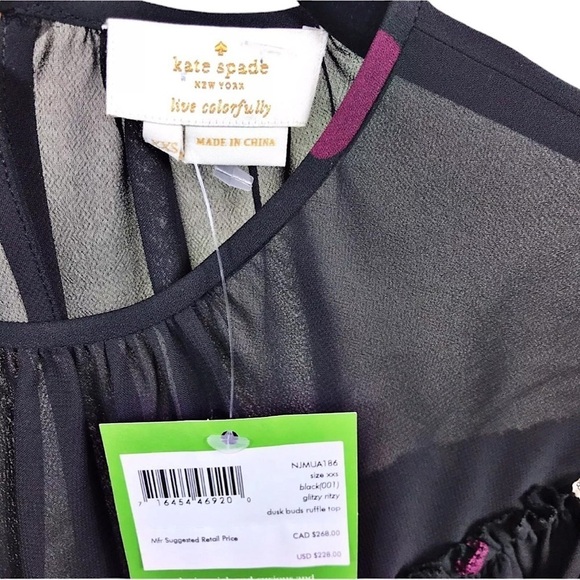 NWT Kate Spade Black Floral Glitzy Ritzy Dusk Buds Ruffle Top Size XXS - Picture 10 of 11